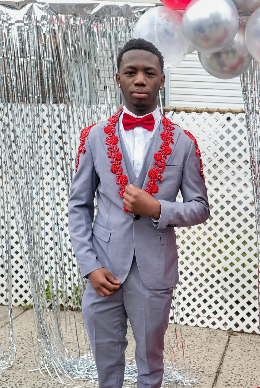 Gray suit with red floral beaded lapels and matching bow tie