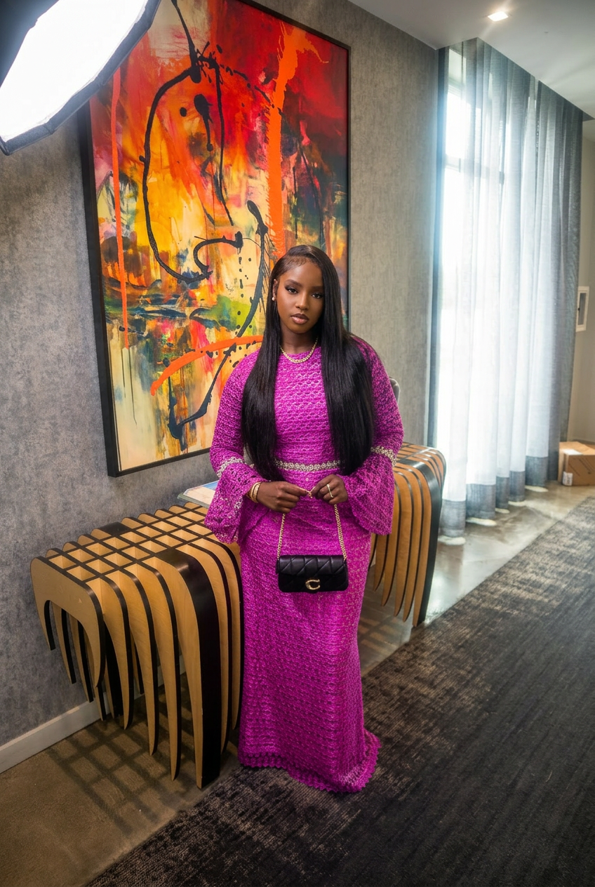 Bright magenta couture gown styled in an interior portrait setting