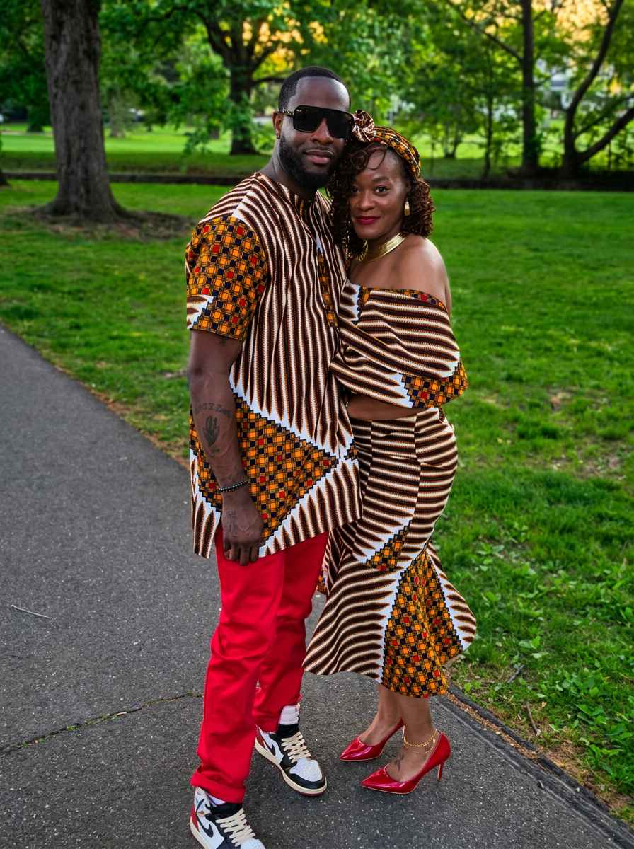 Couple in matching Ankara outfits with rich brown, gold, and red tailoring details