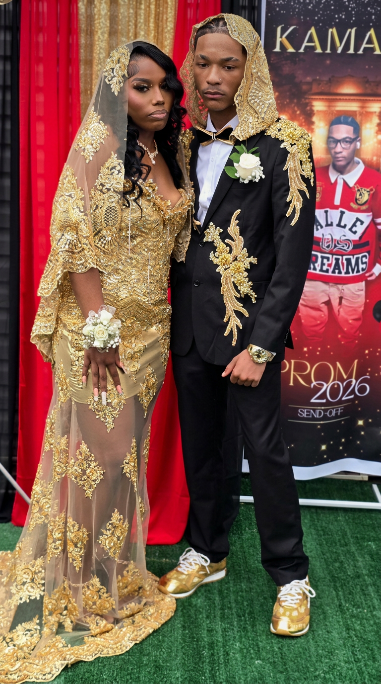 Couple in ornate gold lace gown and black tuxedo with gold embellishment