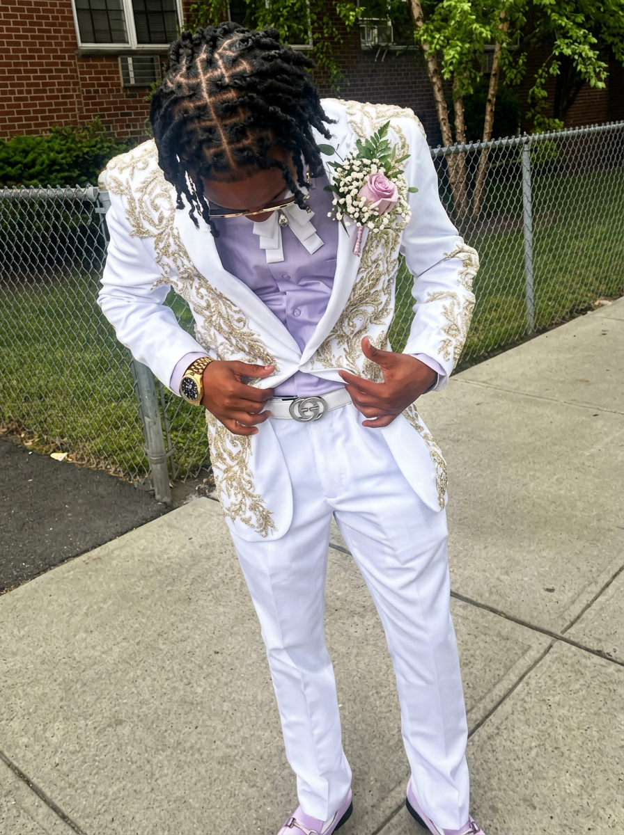 Young man in ornate white tuxedo with gold embroidery and lavender shirt