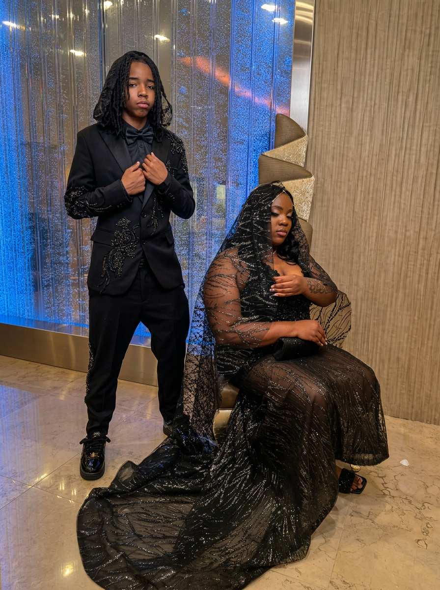 Couple in black formalwear with glittering beaded embroidery and sheer veil