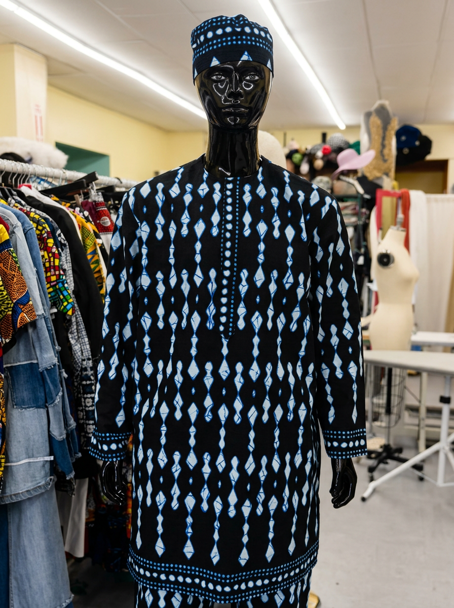 Black and indigo batik-dyed African tunic with matching cap on mannequin