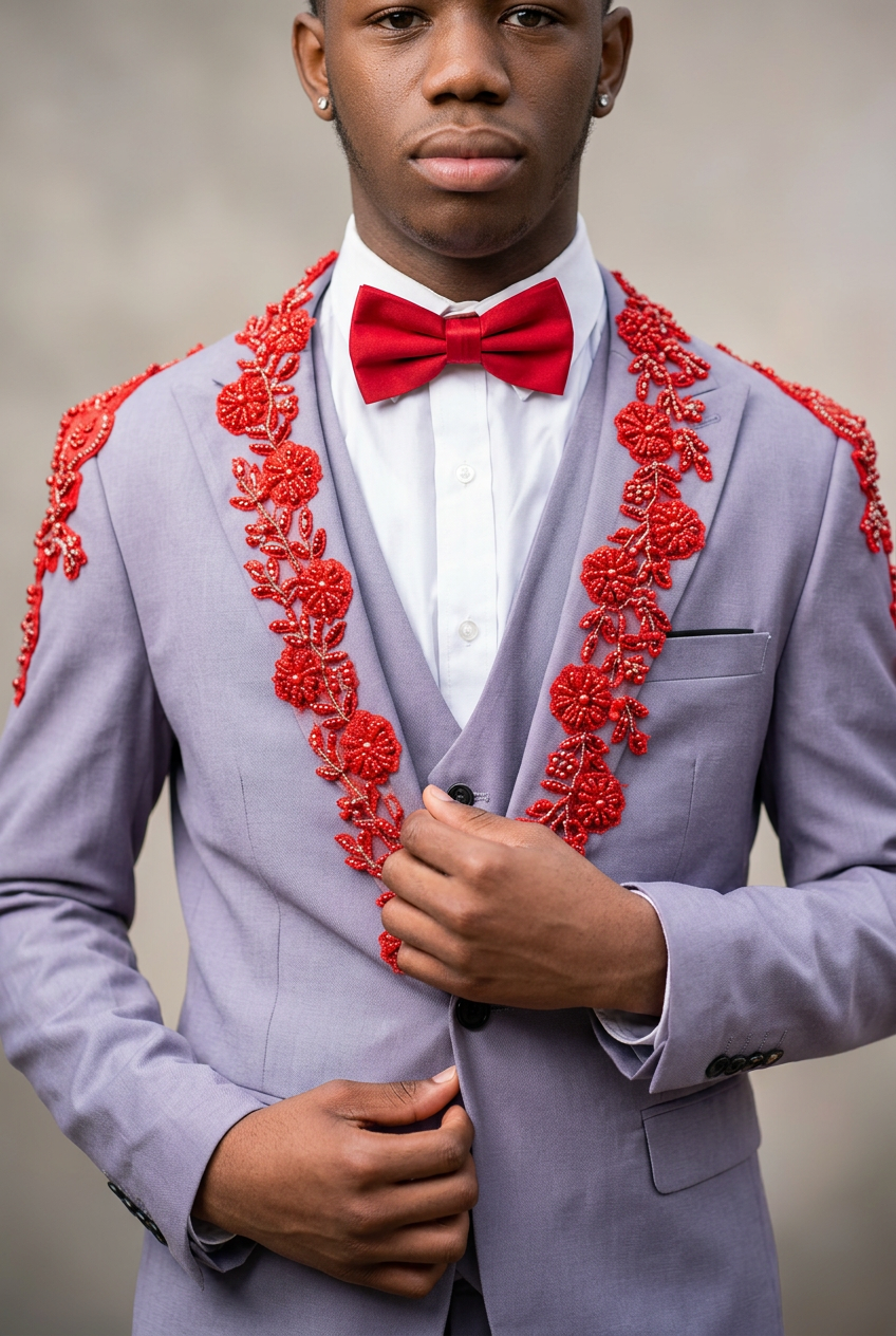 Close-up editorial detail of gray suit with red floral beadwork