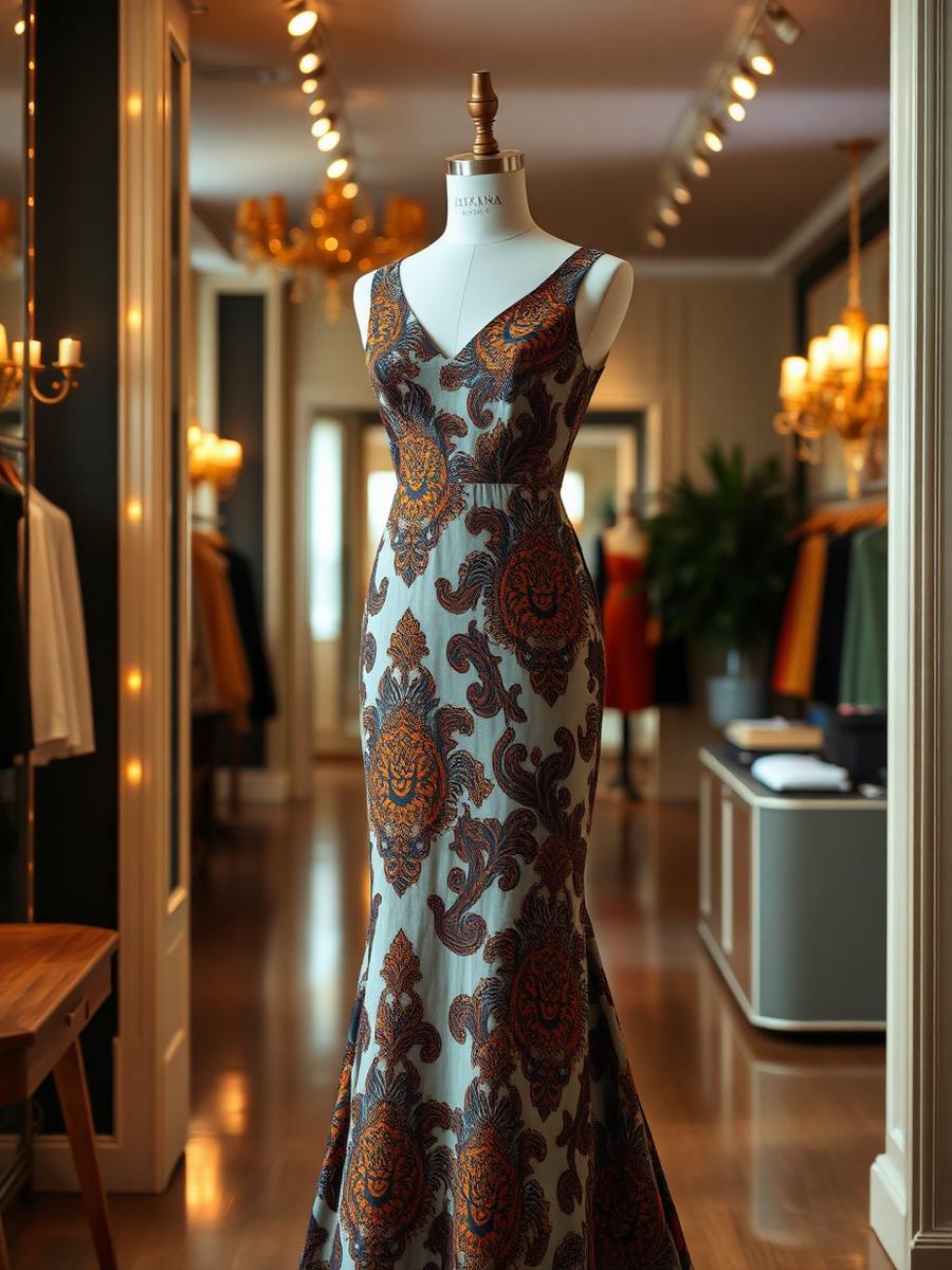 Custom-tailored evening gown on a mannequin