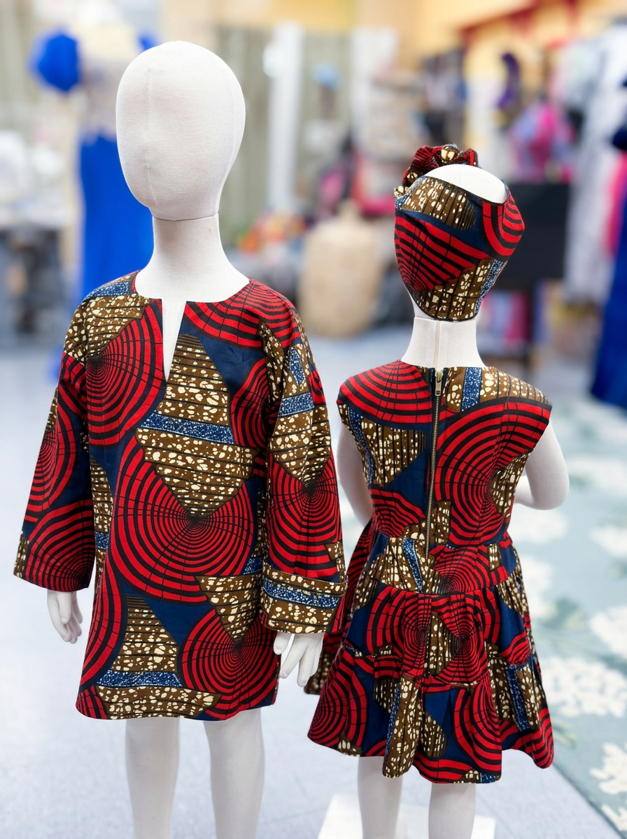 Matching red and navy Ankara print children's outfits on mannequins