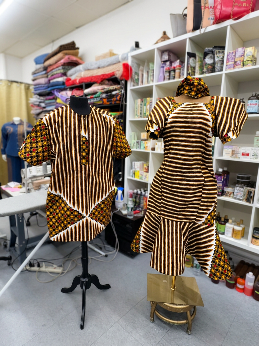 Matching brown and gold Ankara his-and-hers outfits on mannequins