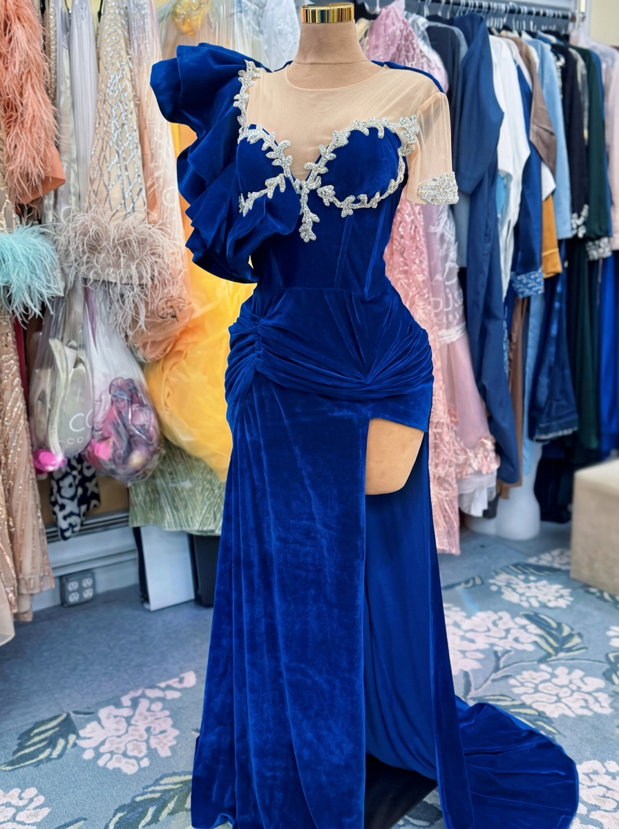Royal blue velvet evening gown with crystal bodice and ruffled sleeve