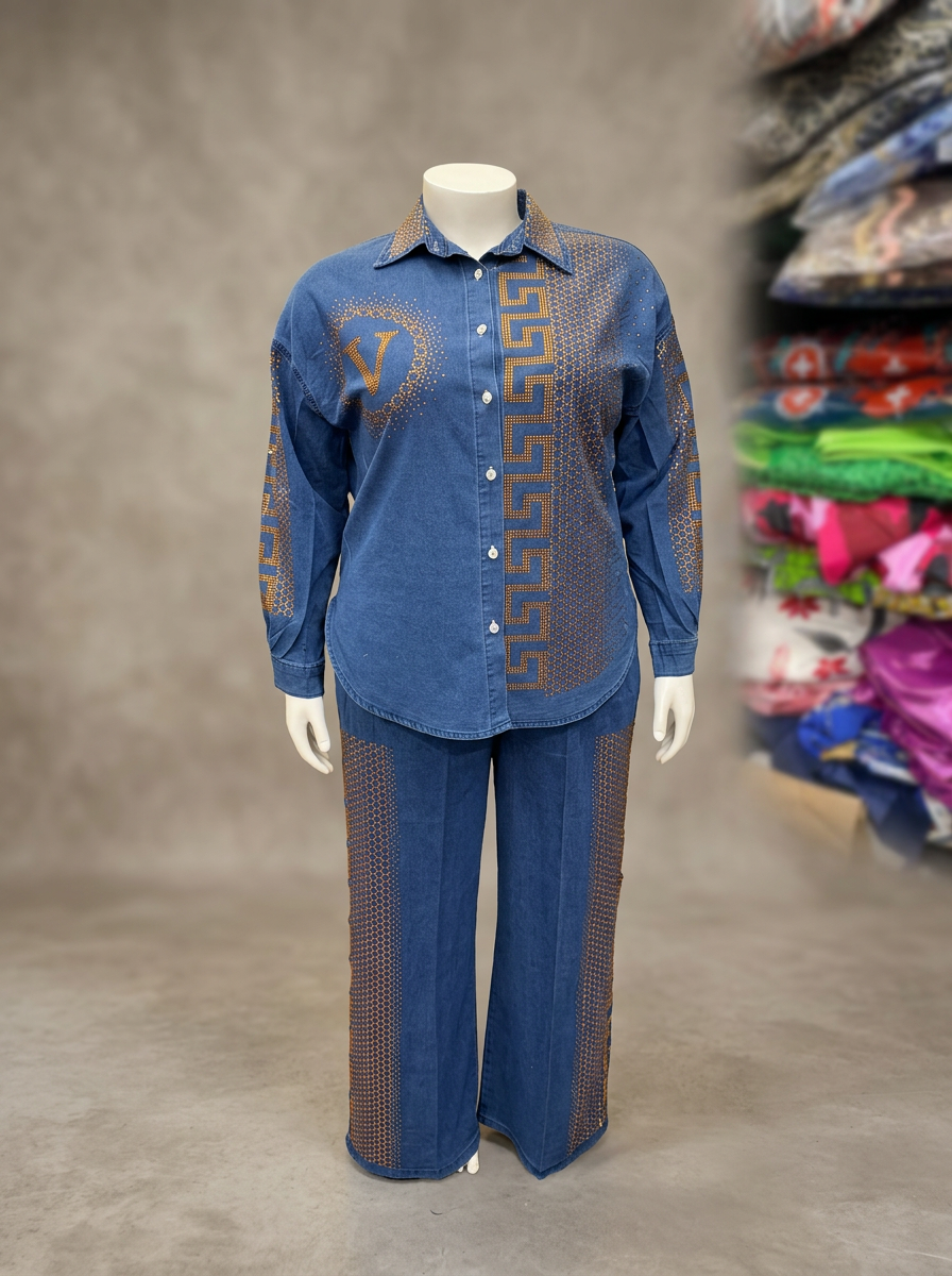 Embellished denim shirt and wide-leg trouser set with crystal Greek-key pattern
