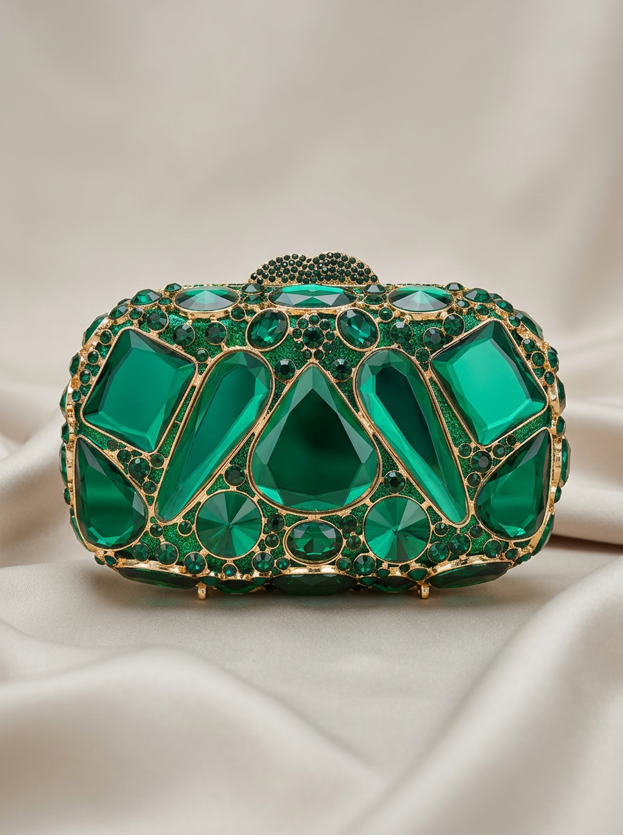 Hand-jeweled emerald crystal clutch on orange silk