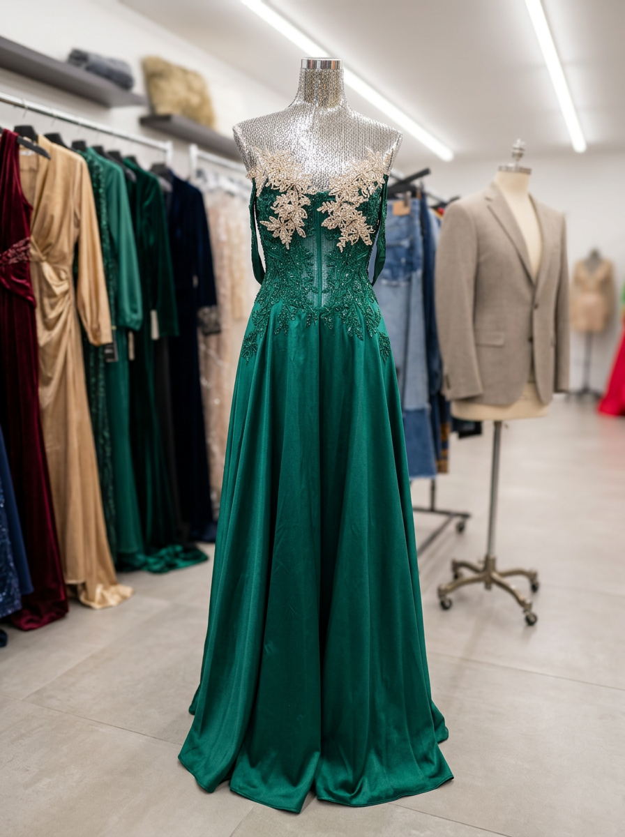 Emerald green beaded evening gown on dress form