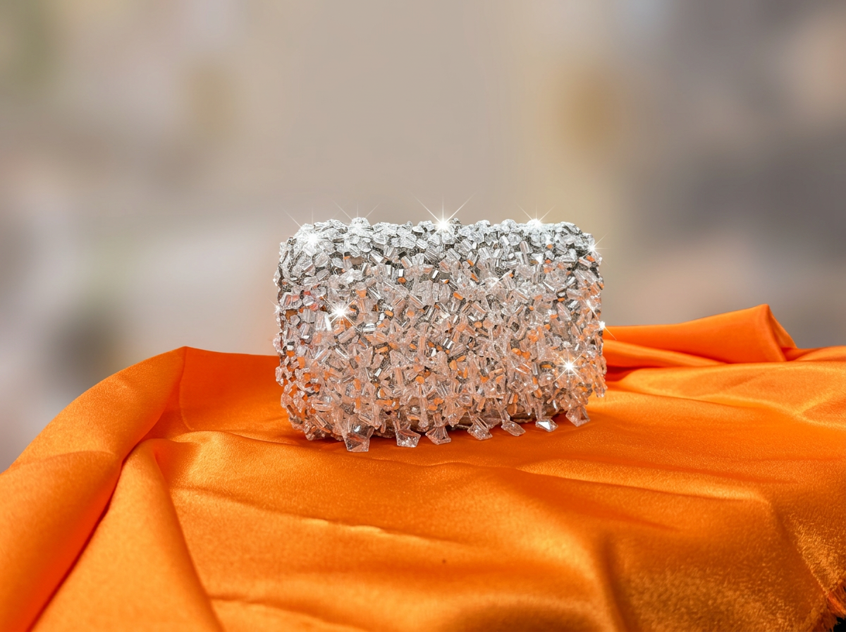 Silver crystal beaded clutch on draped vibrant orange satin