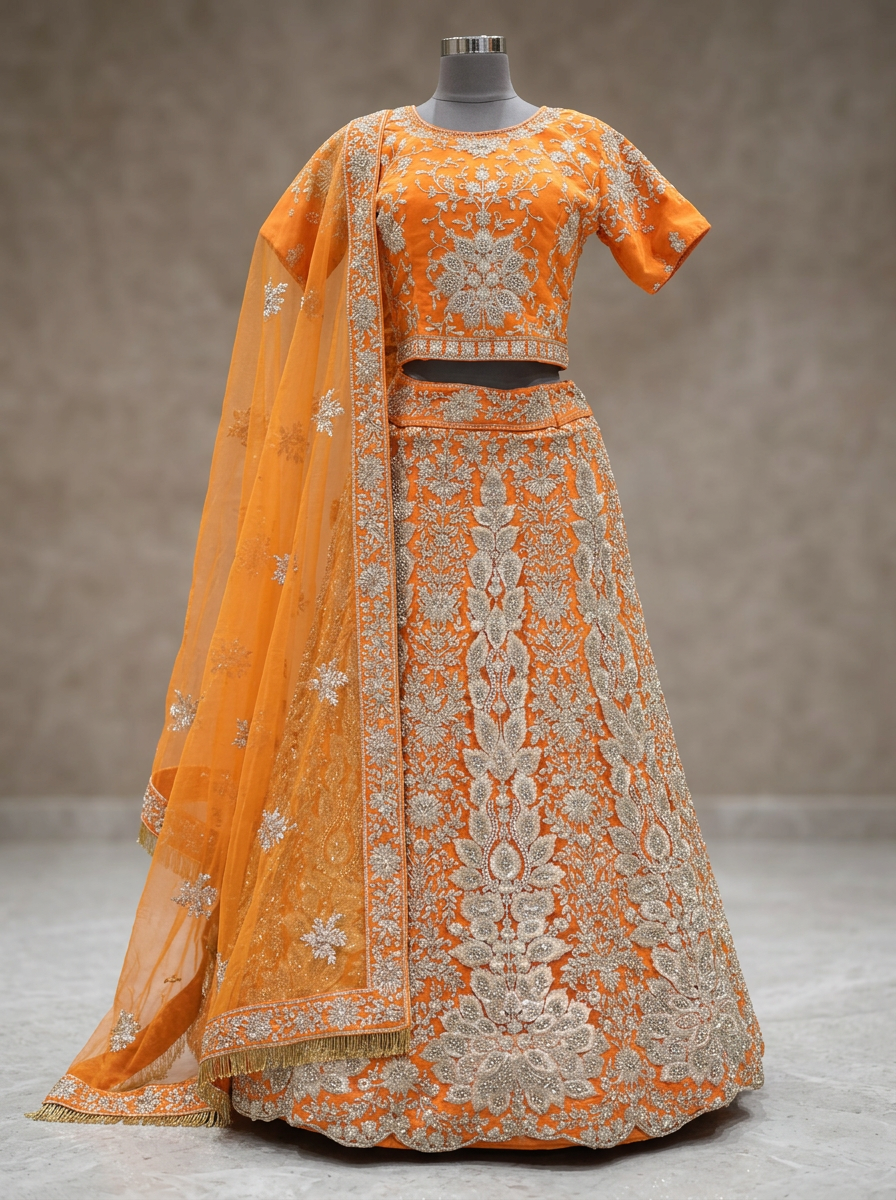 Orange bridal lehenga with silver hand embroidery and matching dupatta