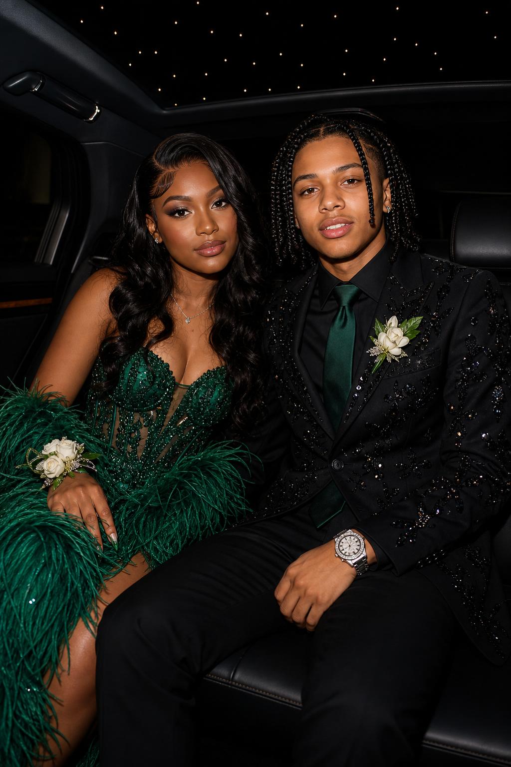 Prom couple in emerald and black formalwear inside a luxury car