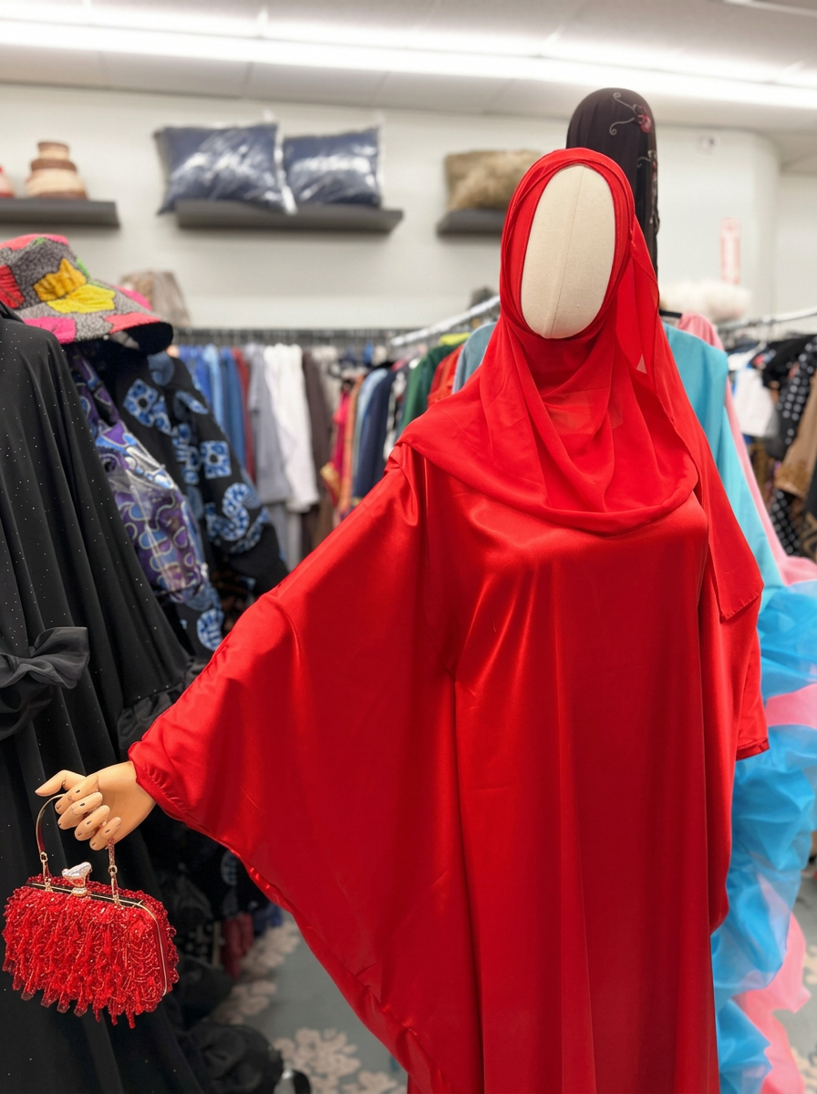 Flowing red satin abaya with matching hijab and beaded clutch