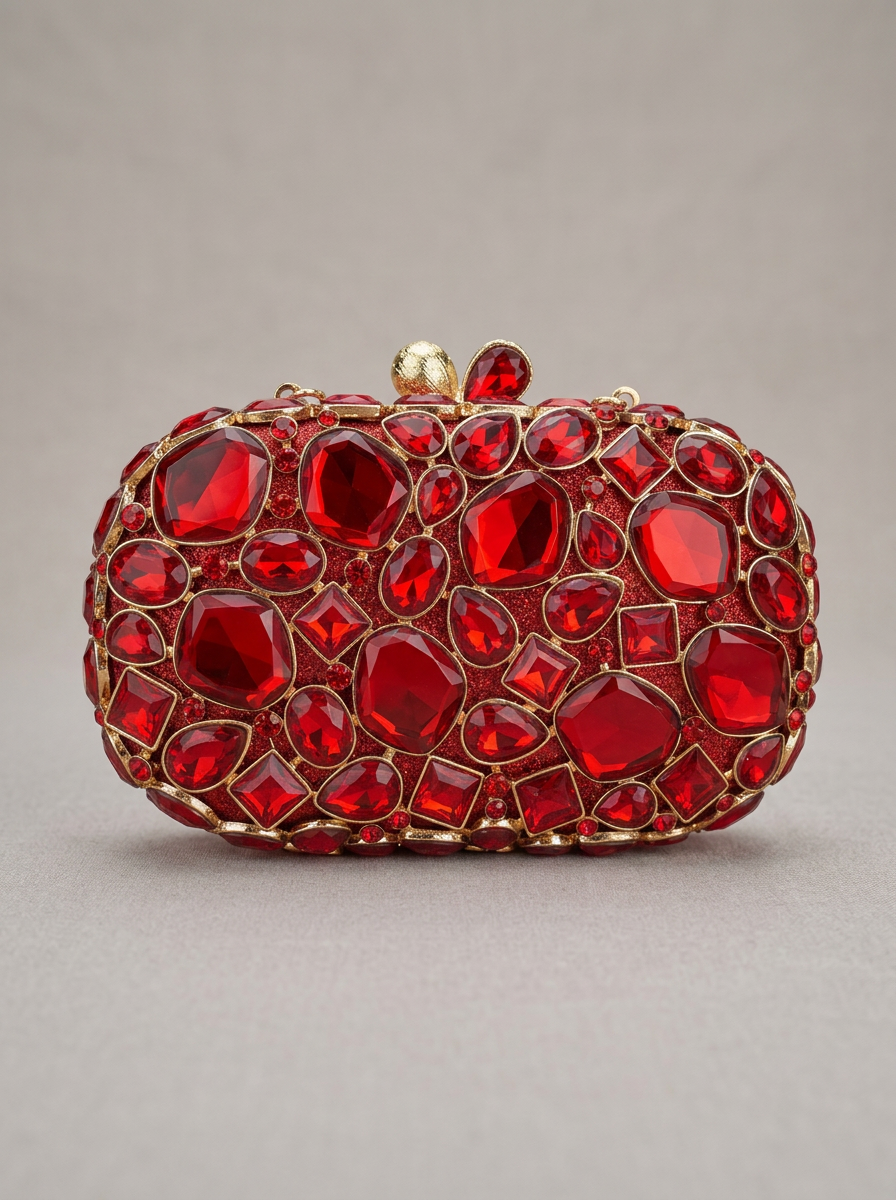Hand-jeweled ruby red crystal clutch on orange silk