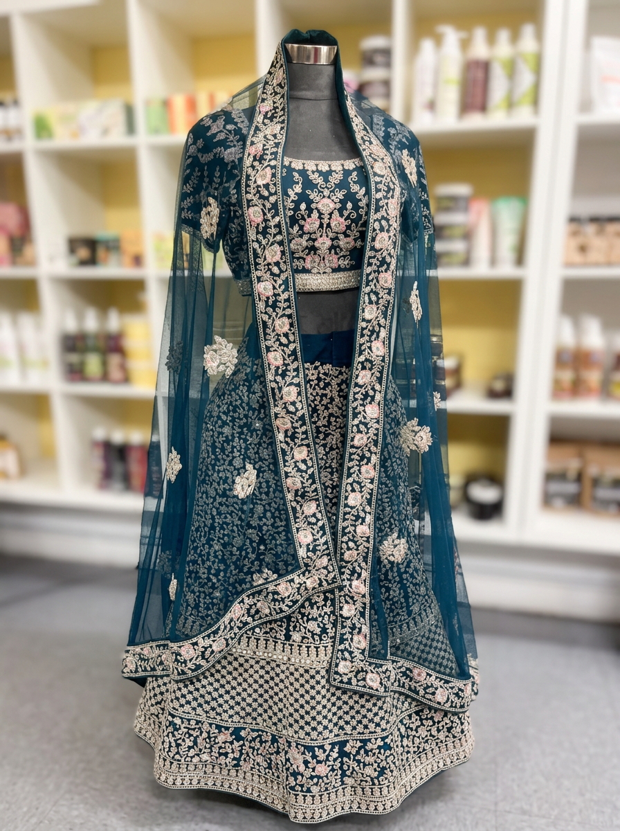 Teal embroidered lehenga set with floral beadwork and dupatta