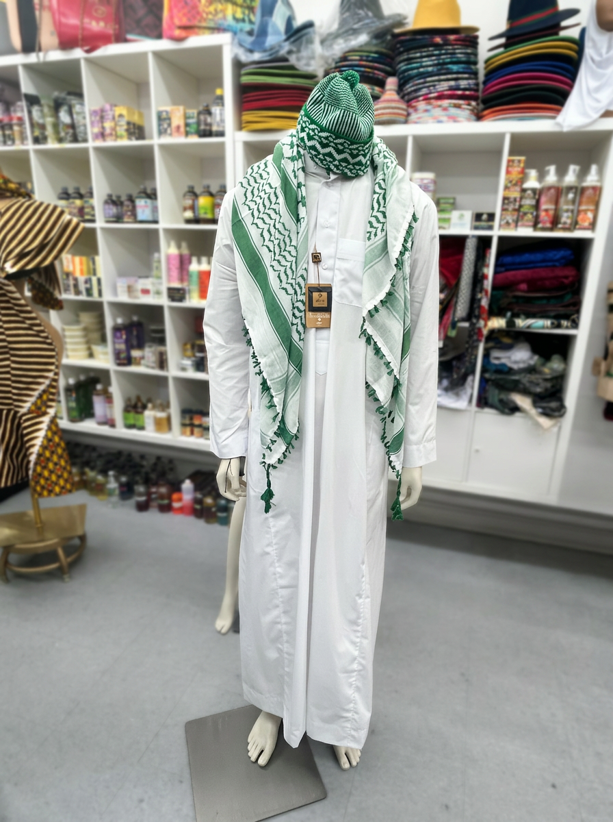 White thobe with green keffiyeh and knit cap on mannequin