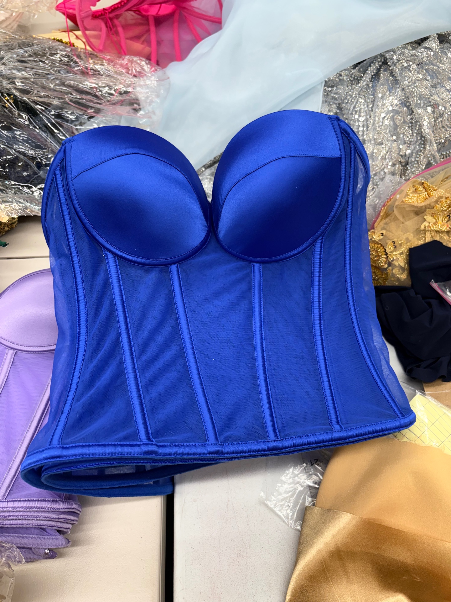 Royal blue satin and mesh strapless bustier corset top