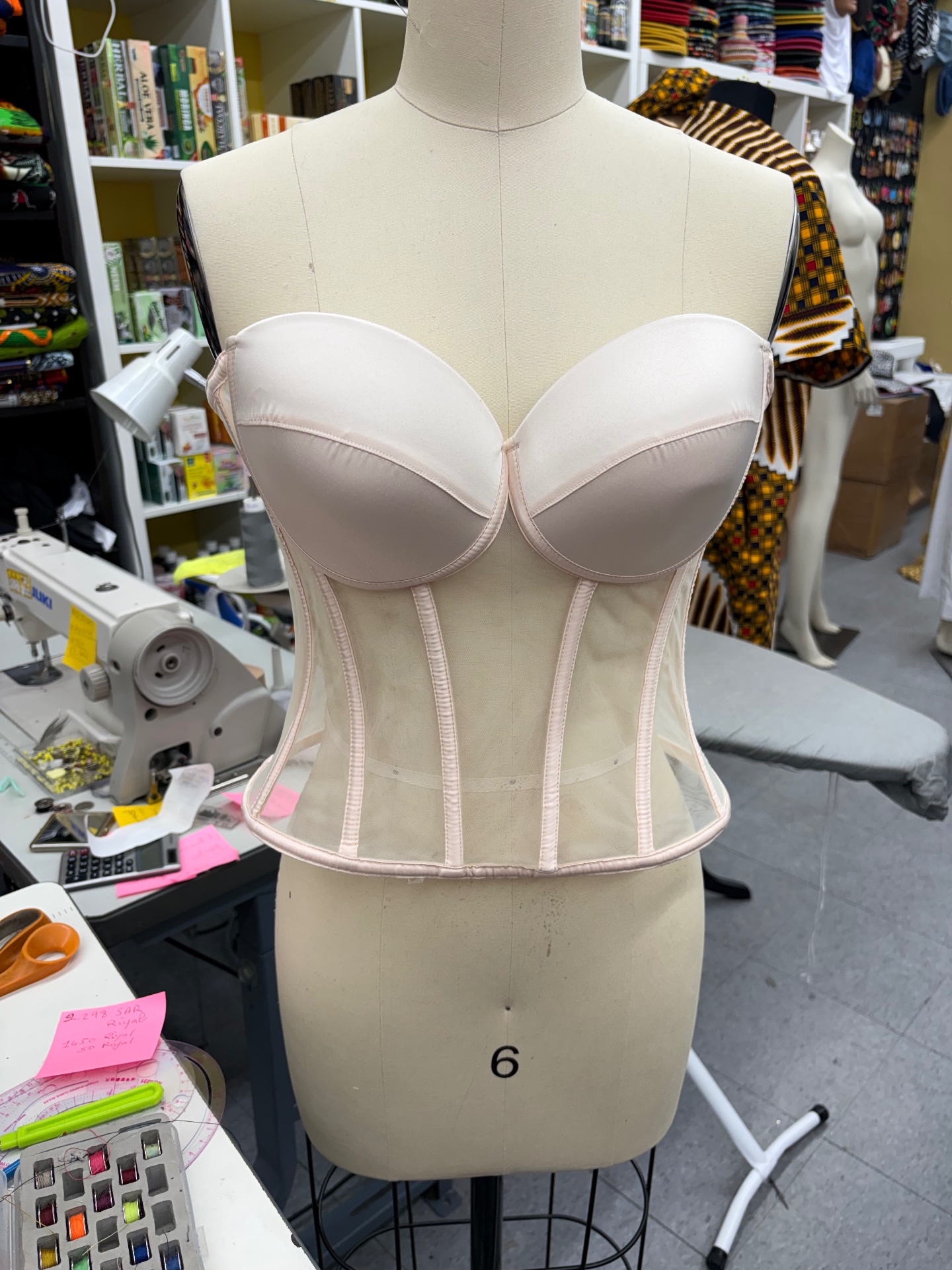 Blush nude satin and mesh strapless bustier corset top