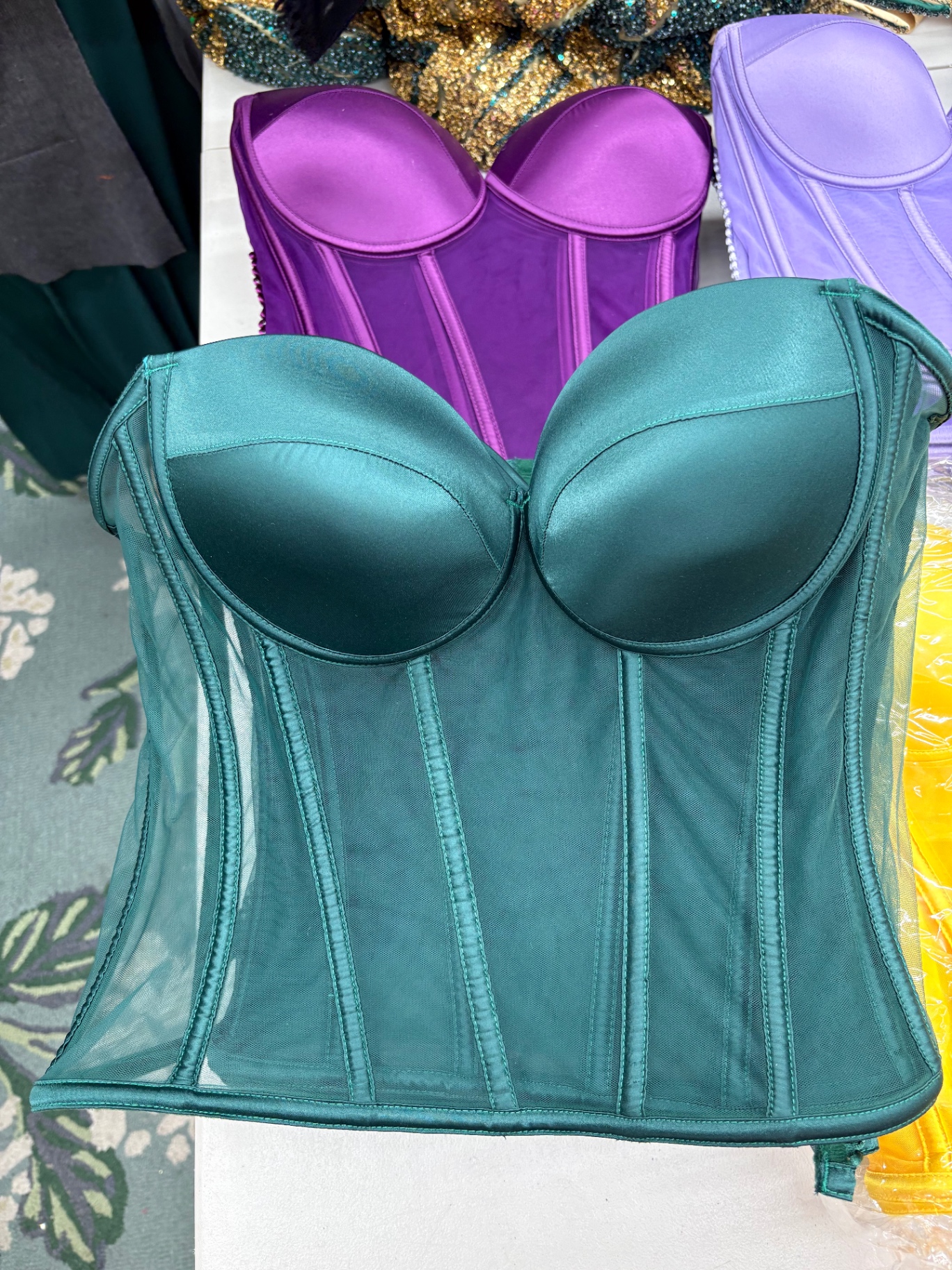 Emerald green satin and mesh strapless bustier corset top
