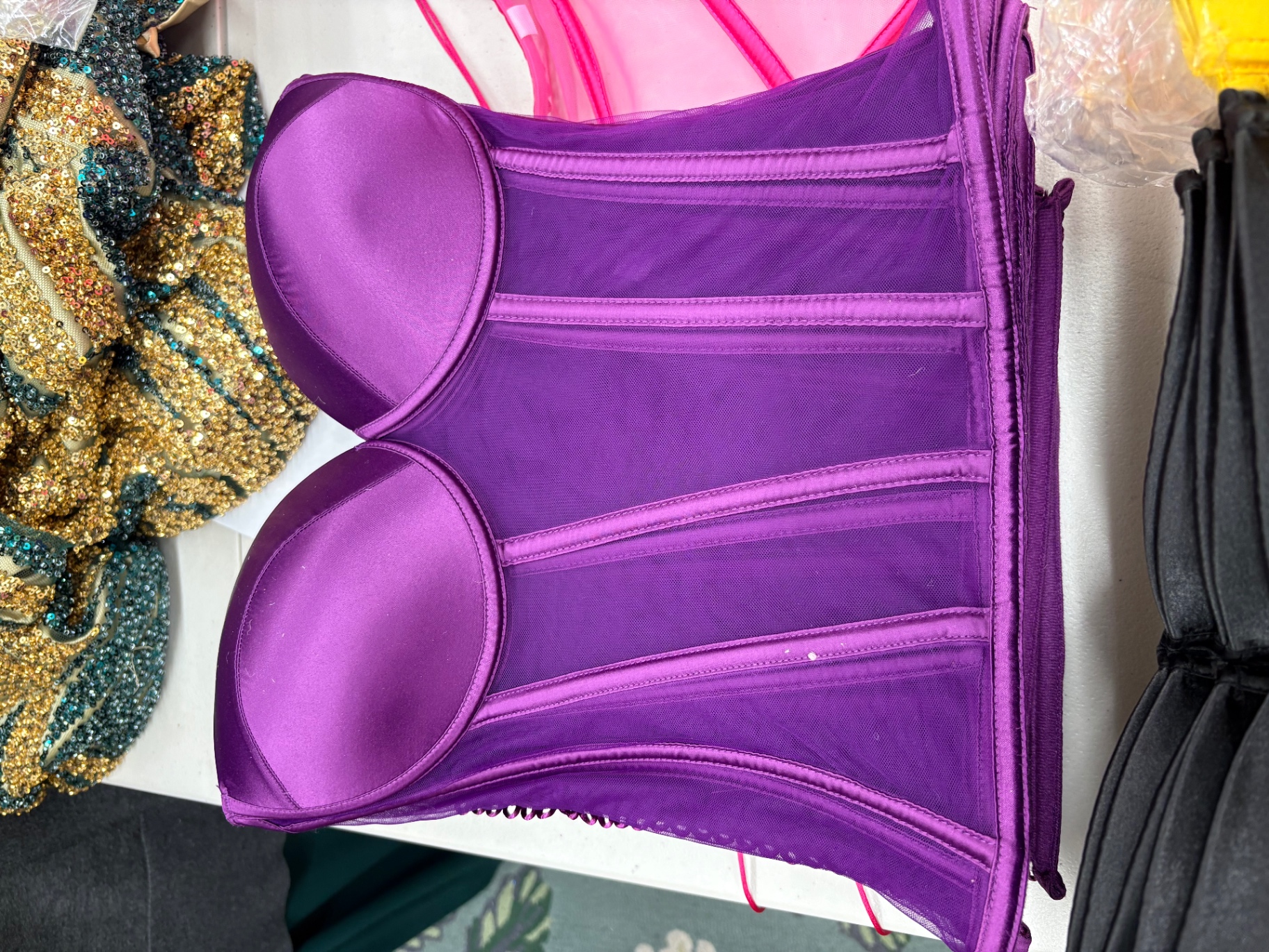 Magenta satin and mesh strapless bustier corset top