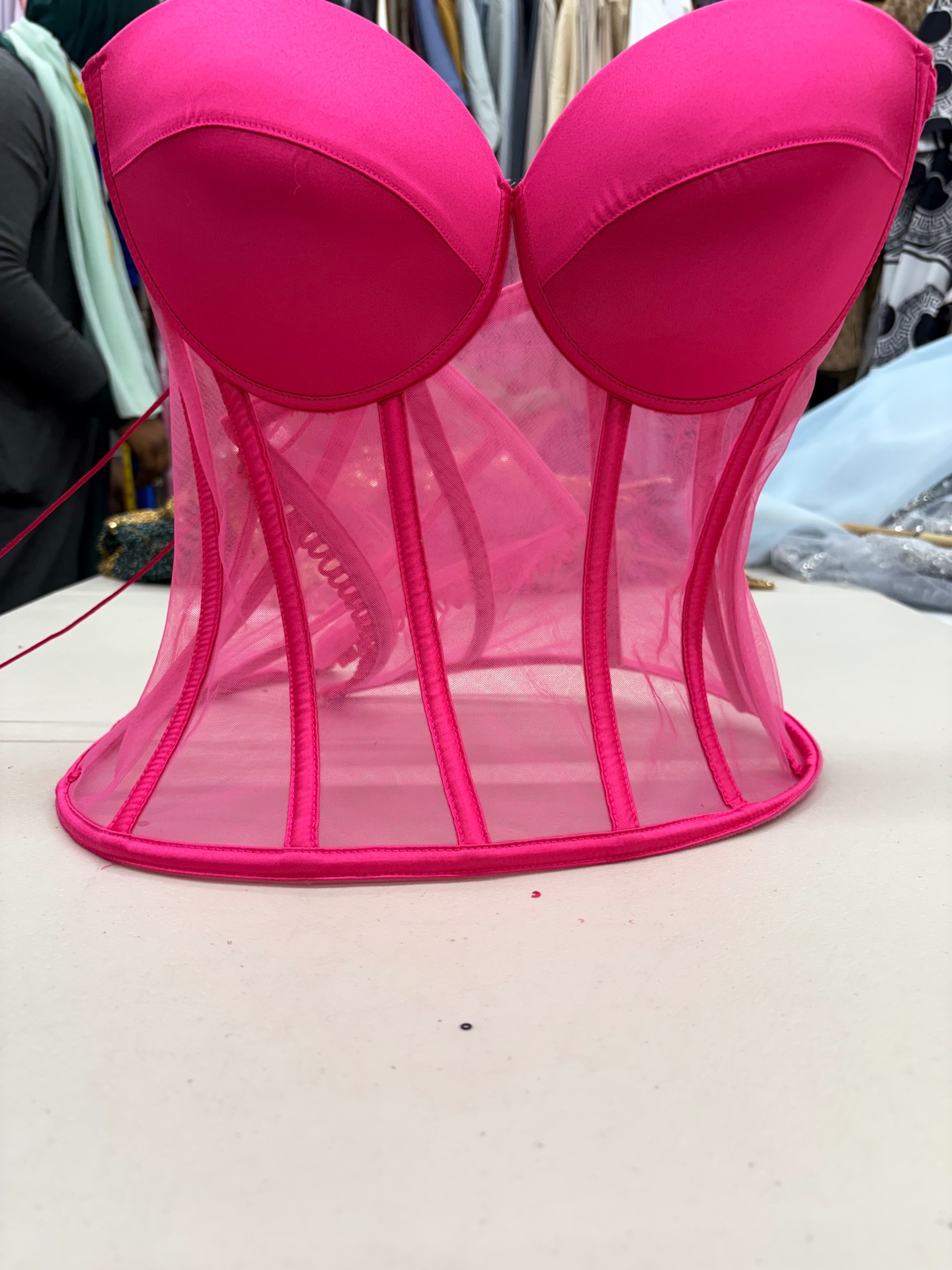 Hot pink satin and sheer mesh strapless bustier corset top