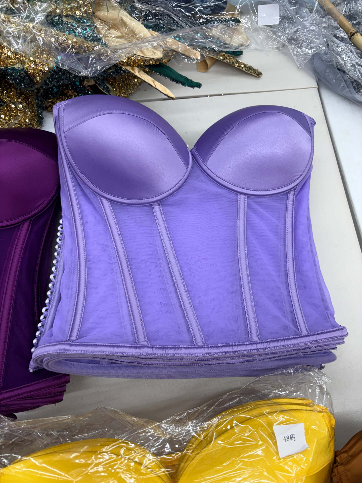 Lavender purple satin and mesh strapless bustier corset top
